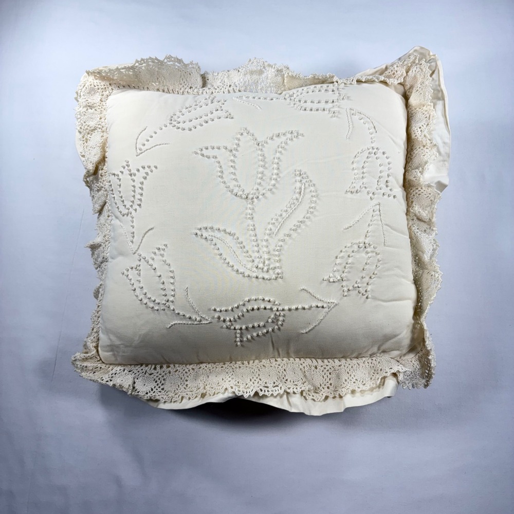 Vintage Candlewick Floral Throw Pillow 16x16 Cream Lace Trim Cottagecore